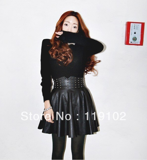 Shes-story punk rivet fashion skirt wide cummerbund all-match high waist pleated leather bust skirt Free shipping