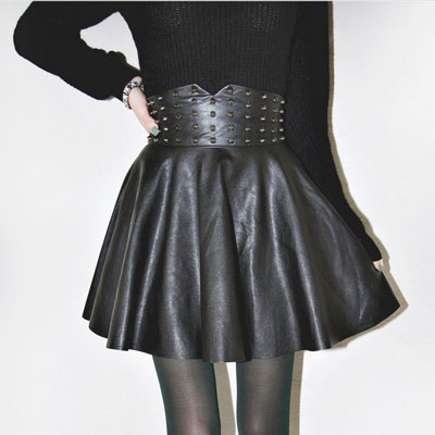 Shes-story punk rivet wide cummerbund all-match high waist pleated bust leather skirt