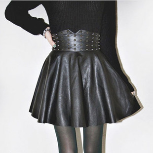 Shes-story rivet decoration wide high waist cummerbund expansion pleated bottom leather skirt