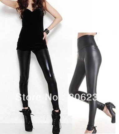 Shiny Metallic High Waist Black Stretch Leather Leggings B343