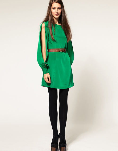 (Shipping Free!!)  2012 Asos Lantern Sleeve Solid color Dress/ Satin One-Piece Dress