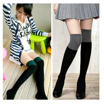 shipping free double color block decoration over-the-knee socks stockings female thick black women's stocking socks