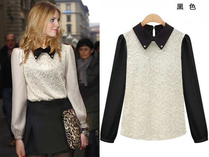 (Shipping Free!!) New Arrival Women Fashion Lace T-Shirt FashionPolo Collar Chiffon Blouse 1663