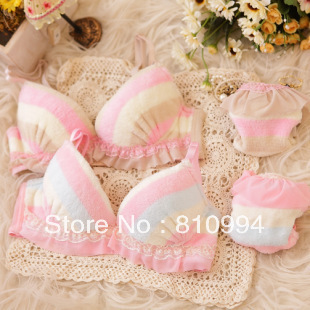 Shipping Sexy coral fleece plush pink princess autumn and winter shaggier push up underwear bra set 8019