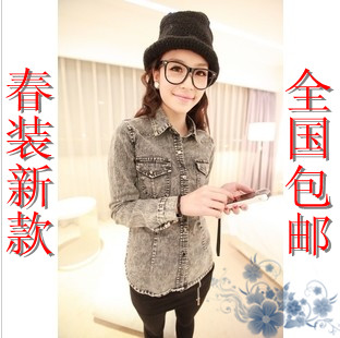 Shirt all-match thin slim water wash smoky grey soft fabric denim shirt