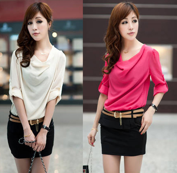 Shirt Belt Dress Blouse Skirt Long Sleeve Pleated Neck OL Blocking Mini Dress  HR441
