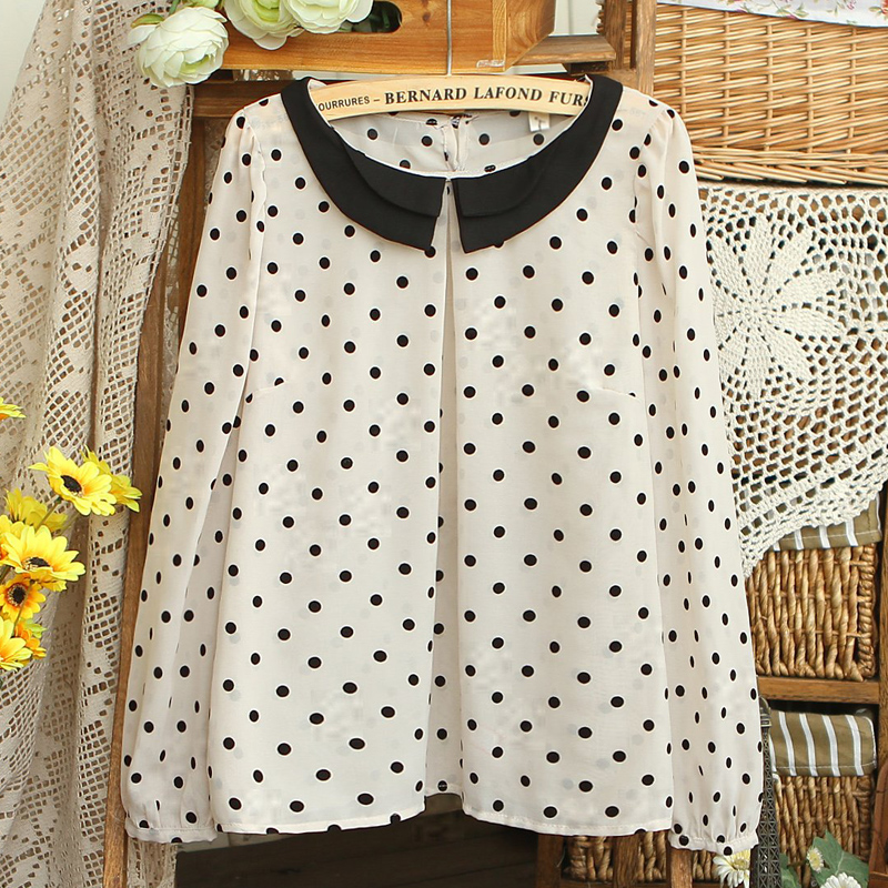shirts - 2013 double layer peter pan collar puff sleeve flock printing polka dot chiffon shirt , female
