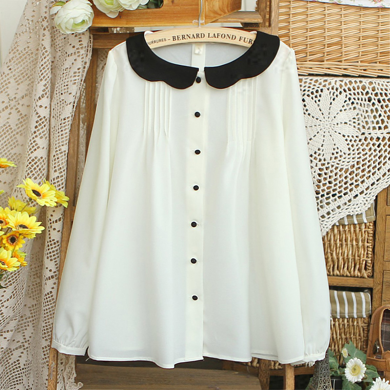 shirts - 2013 spring color block decoration ruffle turn-down collar pleated covered button chiffon shirt clothing , female