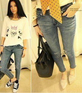 shopkeeper recommend  show thin knees  holes nine points pencil pants/jeans Free shipping