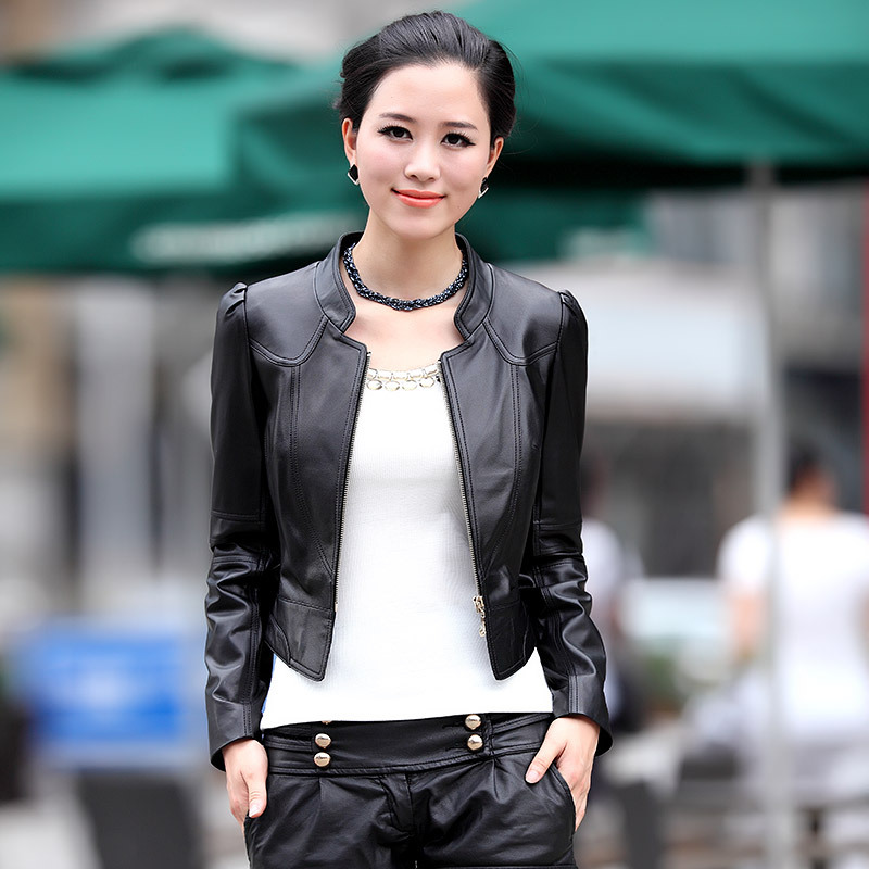 Short design female small stand collar sheepskin leather clothing slim genuine leather clothing FedEx free shipping