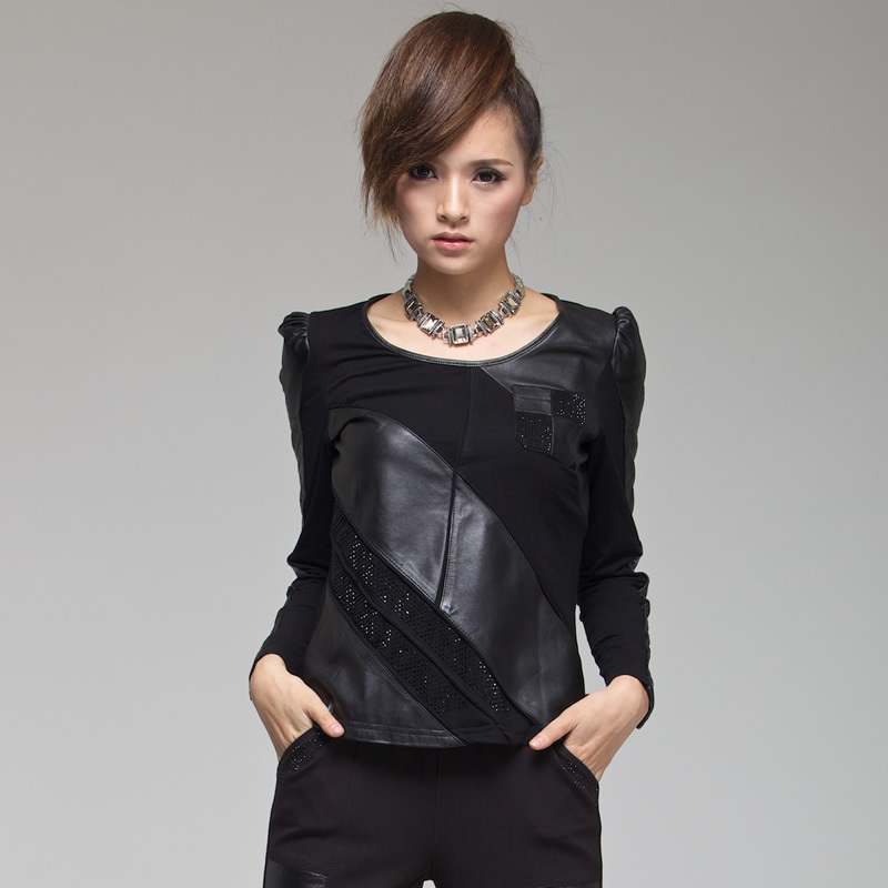 Short design pibu patchwork rhinestones leather diamond slim basic shirt leather clothing t-shirt women's top