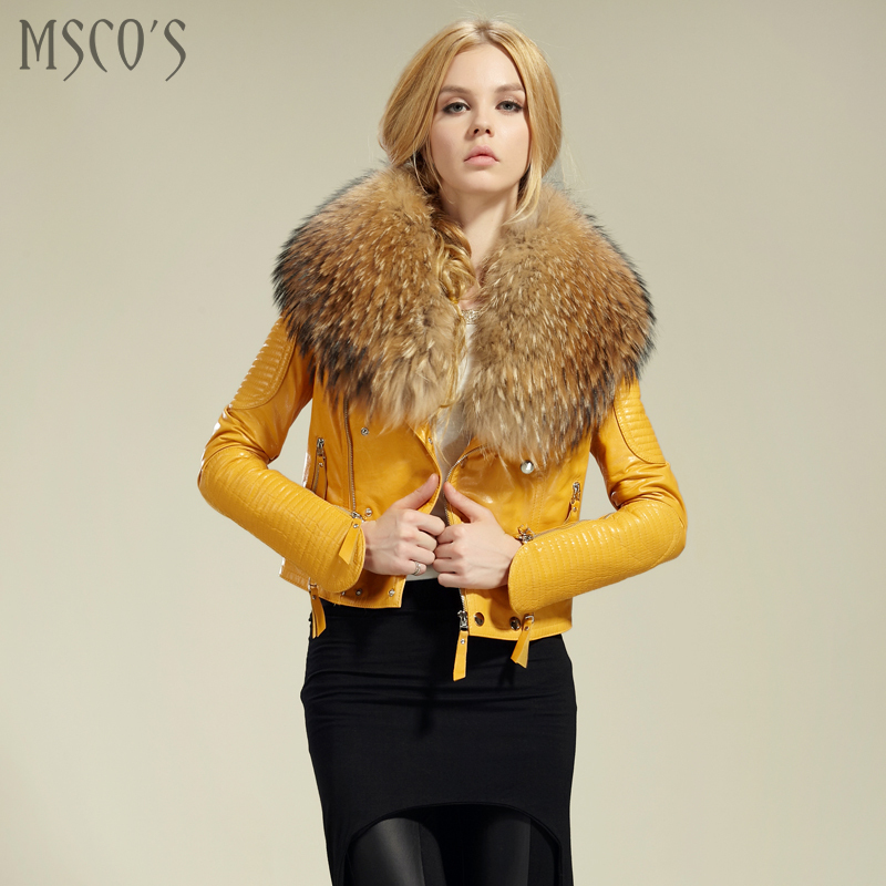 Short Design  Racoon Fur Collar Ladies Fashion Sheepskin Leather Jacket