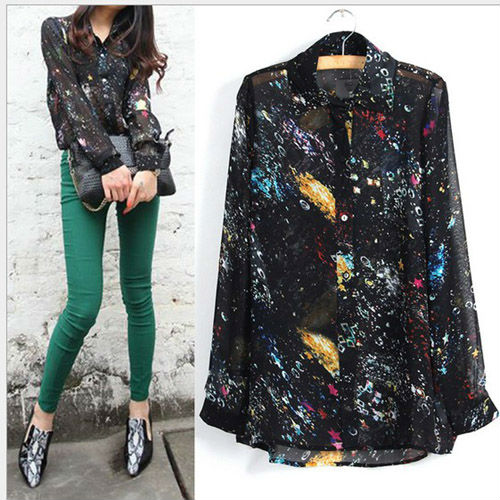 Short in front long VINTAGE Starlight FLORAL Perspective SHIRT WF-3847