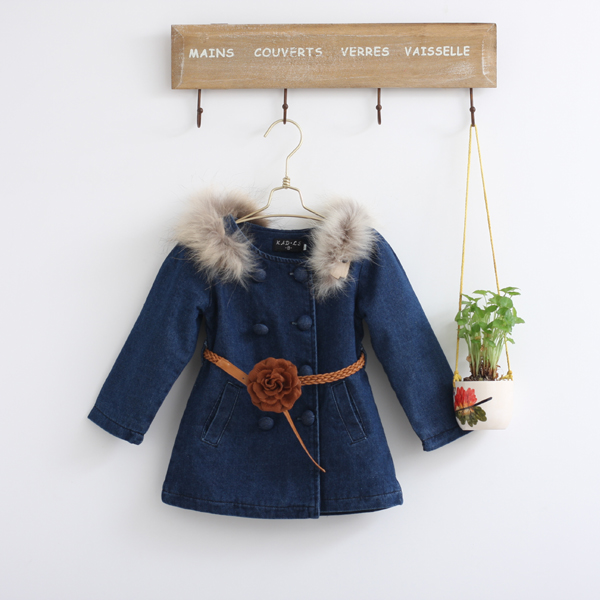 Short in size autumn and winter female child thickening wool flower belt denim overcoat trench medium-long denim coat