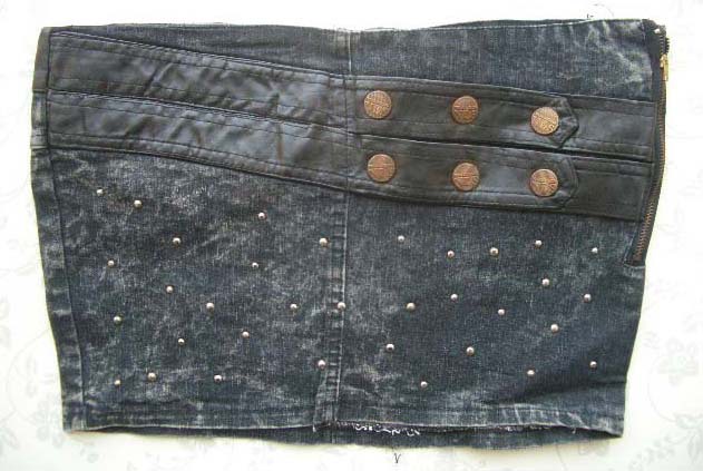 Short in size autumn and winter full rhinestone leather patchwork denim sexy short skirt