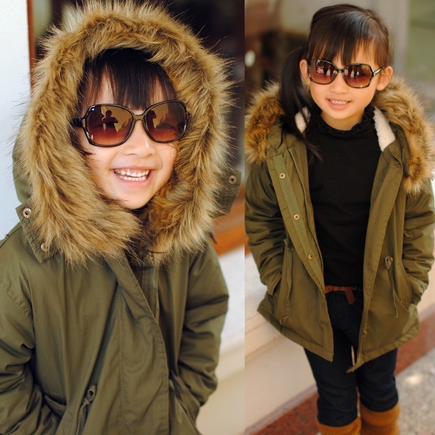 Short in size cotton trench winter female child with a hood zipper clothes wadded jacket thickening outerwear overcoat