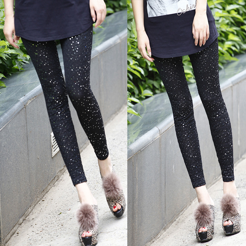 Short in size fashion lace fish scale pleated paillette legging faux leather pants