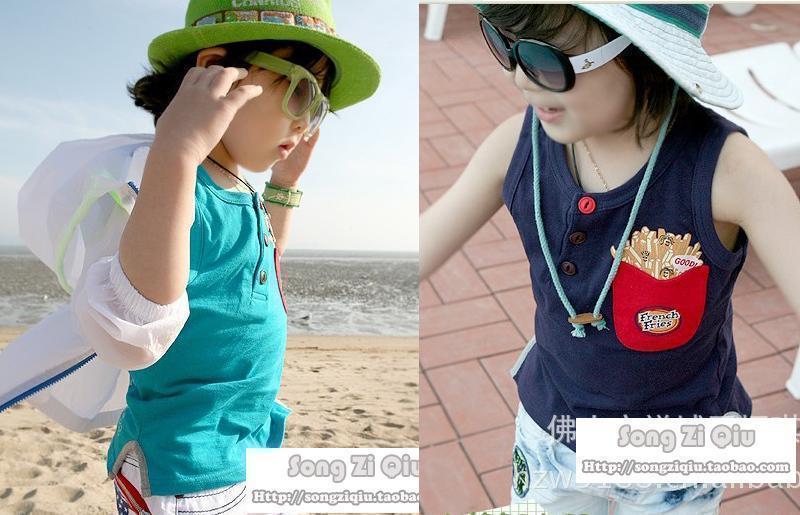 Short in size summer boys t-shirt child clothing sleeveless print t-shirt button vest 100% cotton