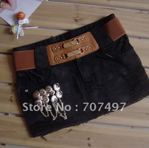 Short of tide of drape torn tassel chain female mini black miniskirt