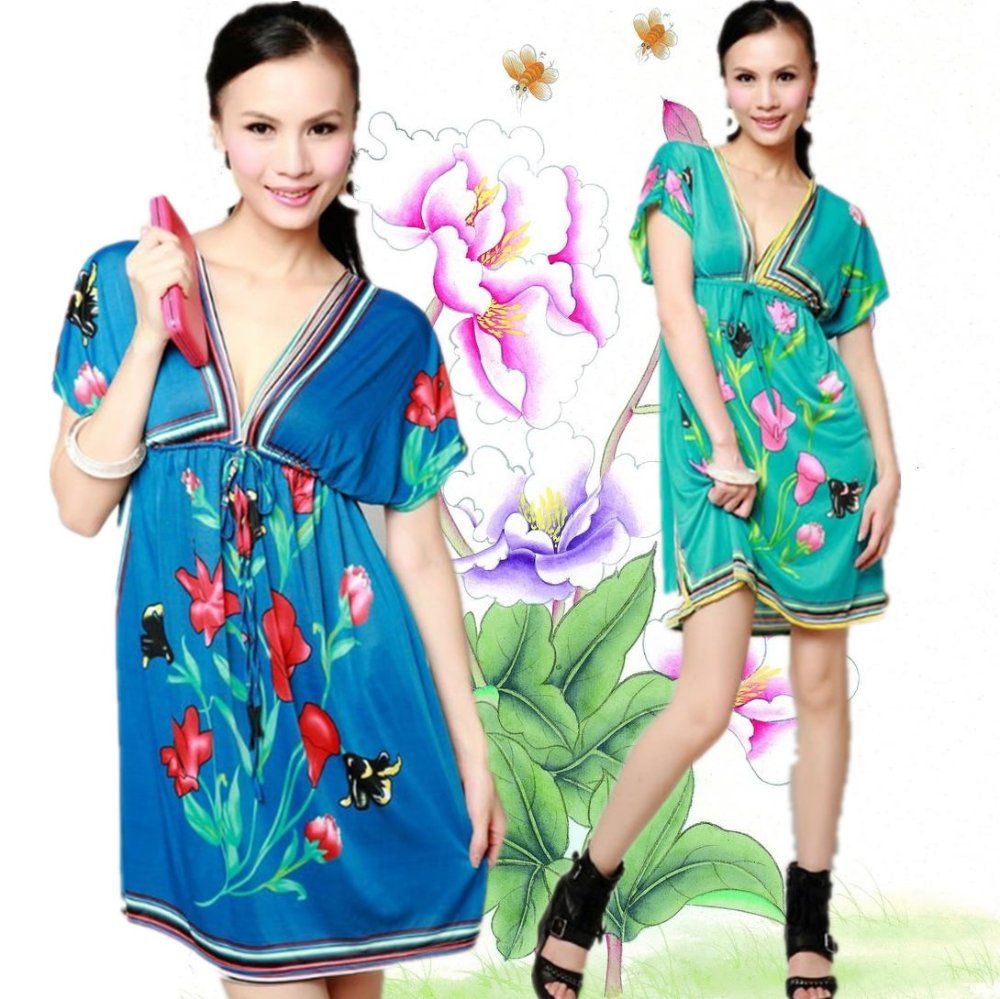 Short Sleeve Big V-Neck Empire Waist Floral Print Plus Size dots Fashion Dress Ladies' Sexy Mini Dress F-Q129 Strapless Stripes