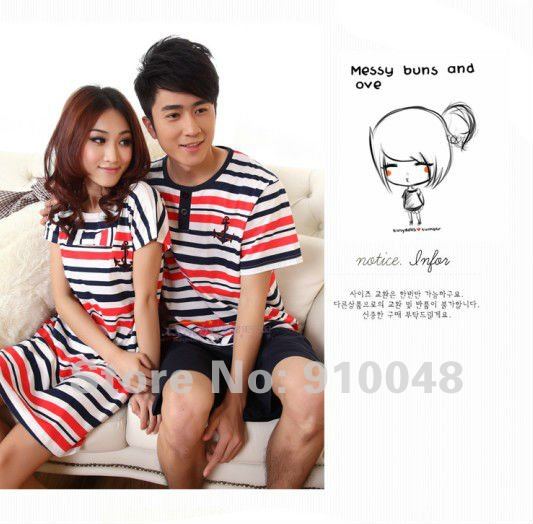 short sleeve cotton striped pajamas for men and women / lovers sleepwear/ wholesale & retail / free shipping
