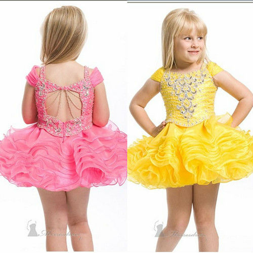 short sleeve scoop neckline tired ruched organza yellow pink beaded crystal mini short baby pageant gowns