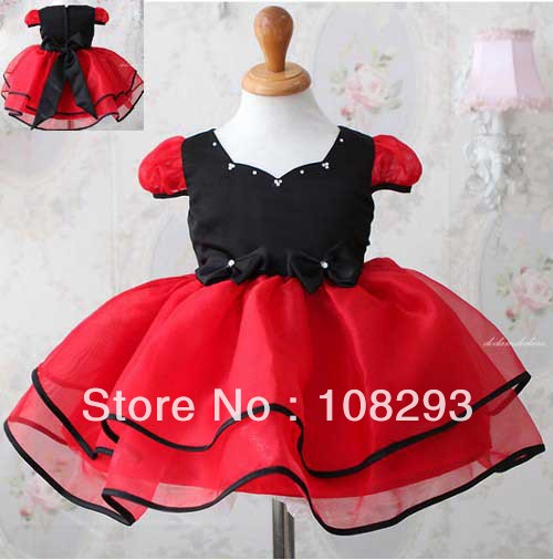 Short Sleeve sweetheart neckline red and black cupcake dress Organza baby flower girl dresses ball gowns