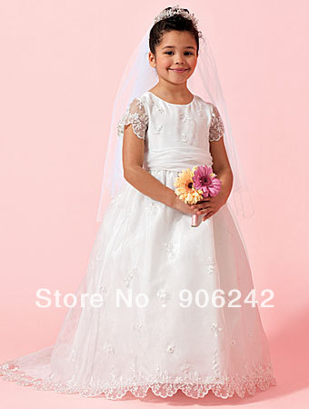 Short Sleeves Applique Ivory Newest Bridal Flower Girl Dress LR-C1070