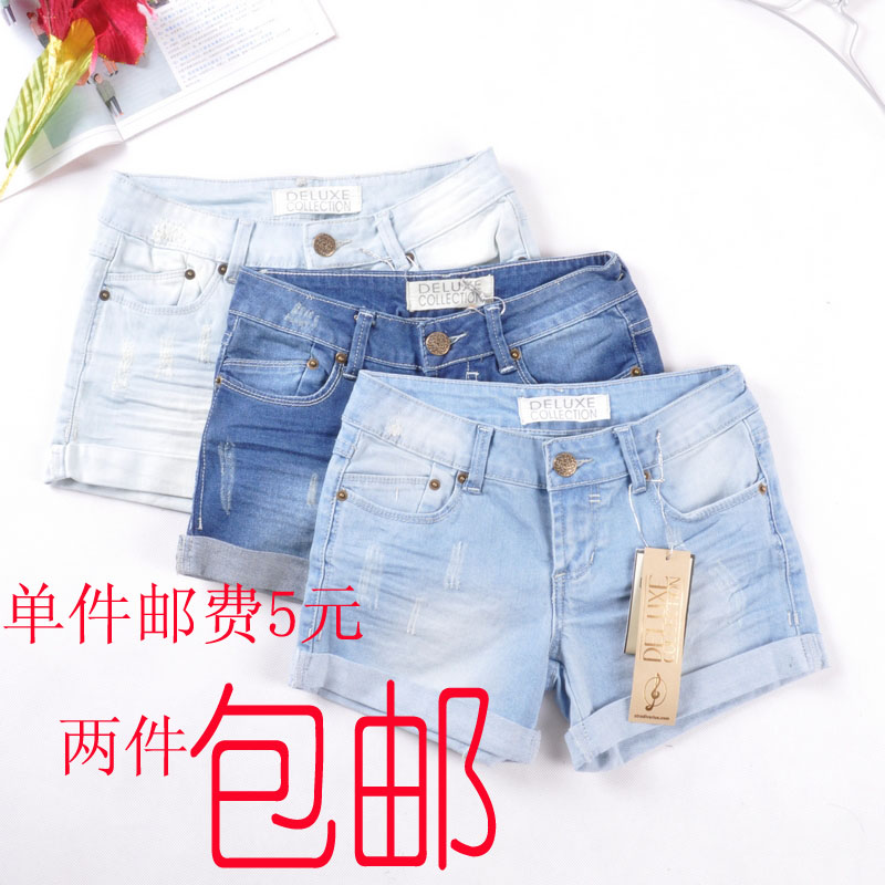 Shorts female loose light color wearing white roll-up hem vintage shorts denim