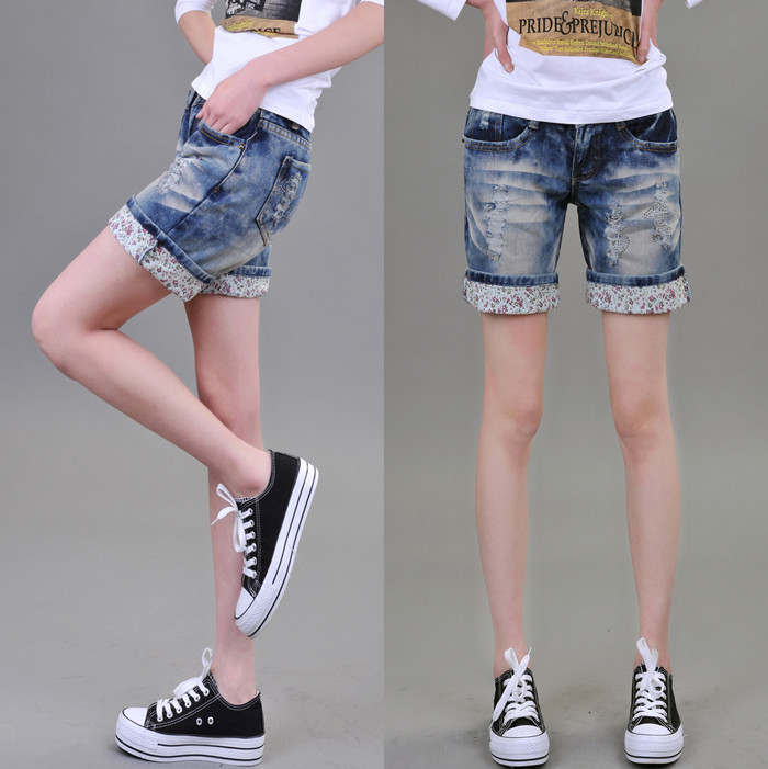Shorts women's loose casual hole roll-up hem jeans female summer plus size capris