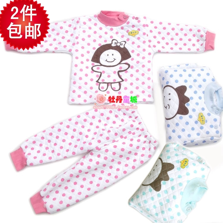 Shoulder button to open infant child 100% cotton thermal underwear set long johns dual lines, 100% cotton