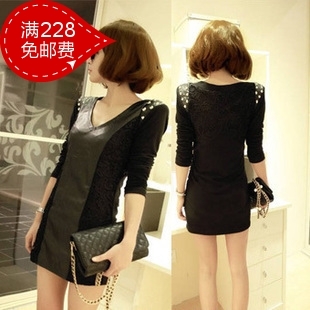 Shrimp fashion autumn and winter slim punk lace patchwork rivet long-sleeve leather one-piece dress