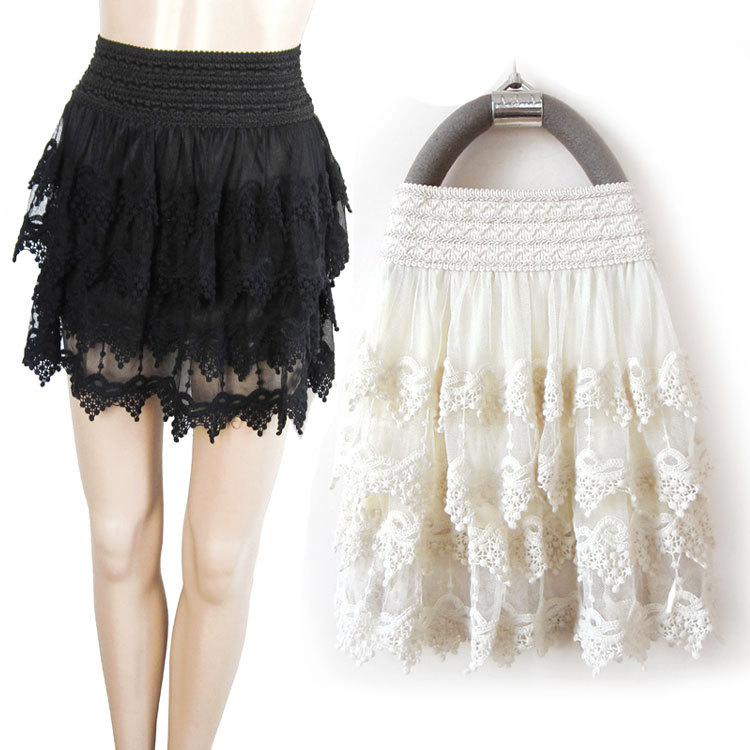 Shriveled small elegant dream embroidered lace layered dress short skirt 191 black beige Leather fashion