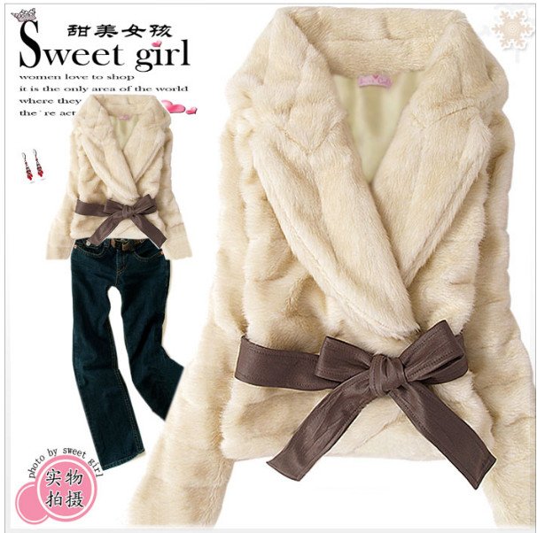 Shuge Wholesale Women New Short Coat Women's Korean Style Outwear Belted Faux Fur Rabbit Hair Apricot Free Shipping JR002