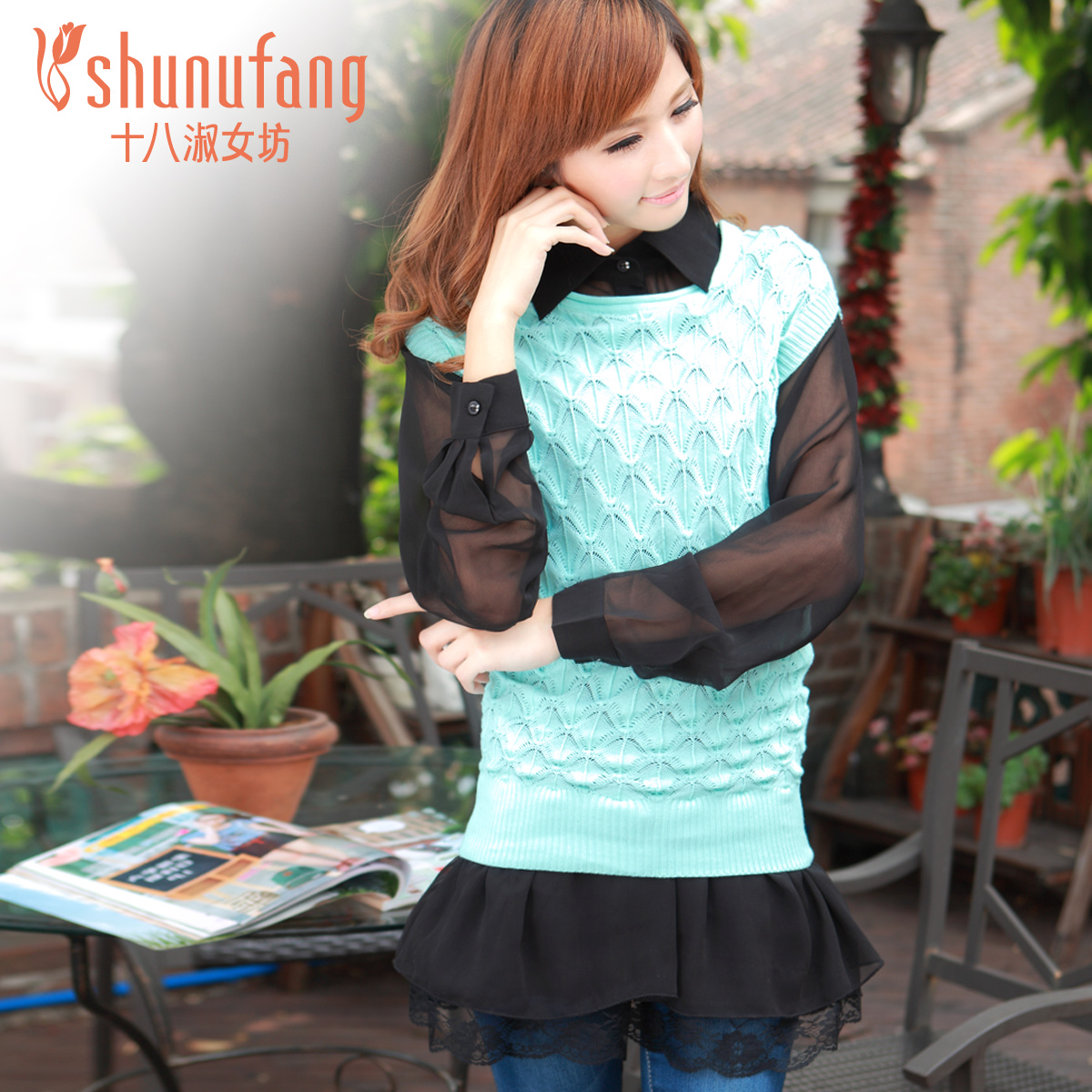 Shunufang 2013 spring slim chiffon flower cutout basic twinset sweater