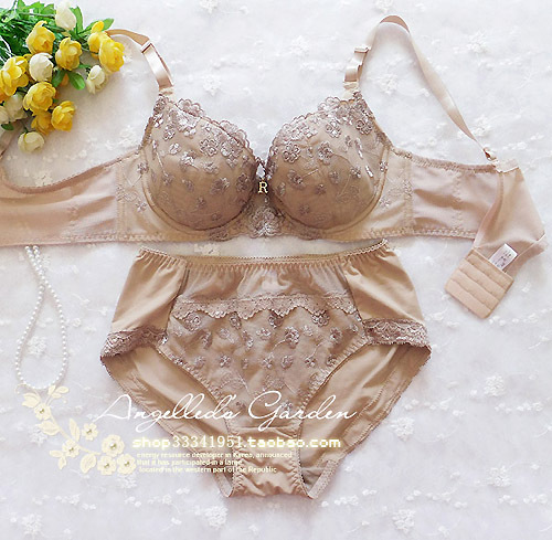 Side gathering embroidery furu comfortable wide suspenders single-bra underwear set skin color 75c8085abc