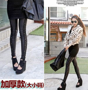 Sidepiece 2012 high-elastic lace patchwork faux leather pants ankle length legging plus velvet thick