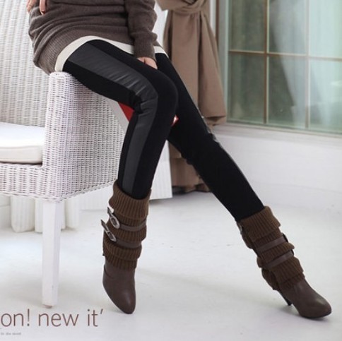 Sidepiece faux leather autumn and winter slim matte patchwork legging fashion ankle length trousers lady's skinny pants