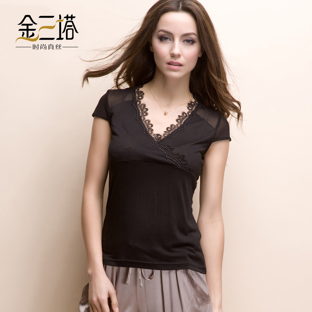 Silk bamboo fibre women's short-sleeve top thin sweater short-sleeve T-shirt 226