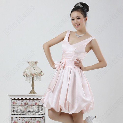 Silk Chiffon Fabric Cloth Free Shipping Kawaii V-Neck Bow Tie Pleat Ball Gown Party Bridesmaid Wedding Party Dress Size S-XL
