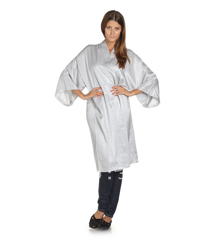 Silk dressing gown, belted, grey. Free shipping!