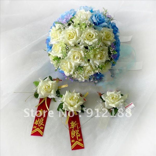 Silk flowers blue with white colors,handmade flowers with pearl for wedding bridal,corsage as gifts