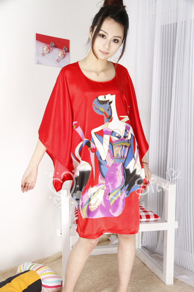 Silk leugth silk sleepwear batwing shirt nightgown red rustic flower