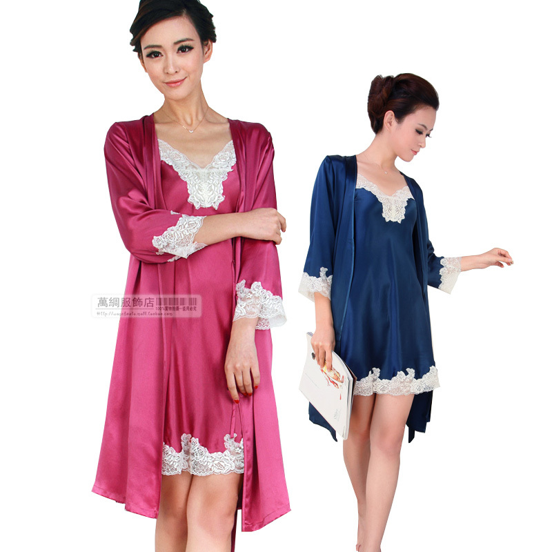 Silk mulberry silk heavy silk sleepwear lounge female laciness robe spaghetti strap twinset 1218