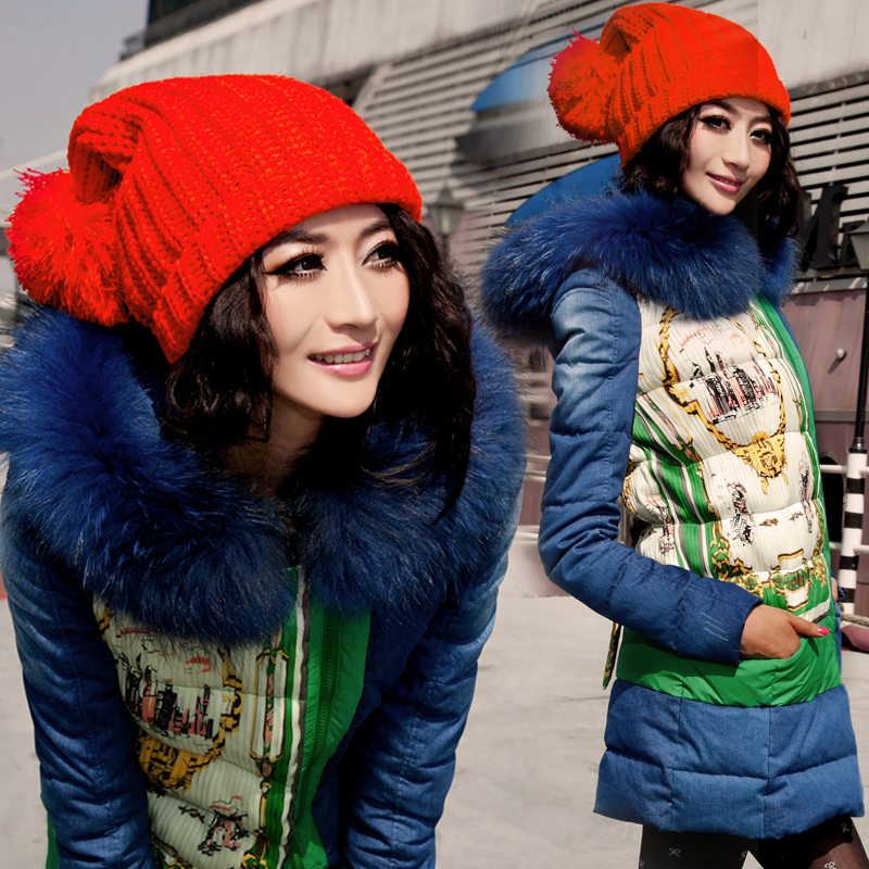 Silk scarf denim patchwork slim medium-long Women down coat down coat