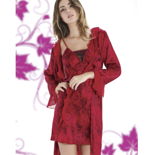 Silk sleepwear female robe red married sleepwear sexy spaghetti strap nightgown twinset lounge plus size