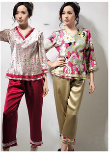 Silk sleepwear female set V-neck wrist-length sleeve twinset mulberry silk ye2011