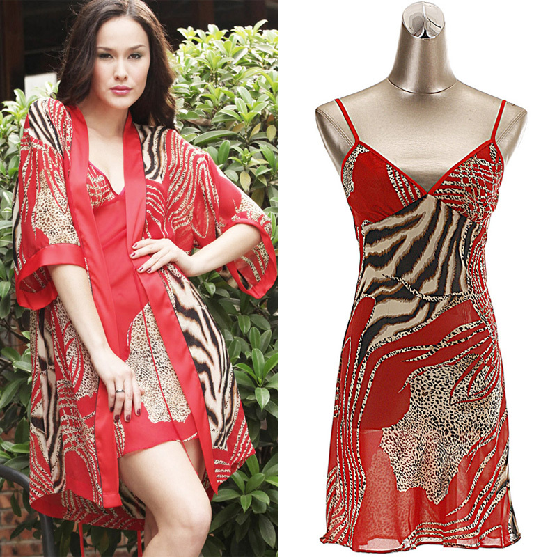 Silk sleepwear female sexy angering temptation red leopard print spaghetti strap nightgown robe twinset