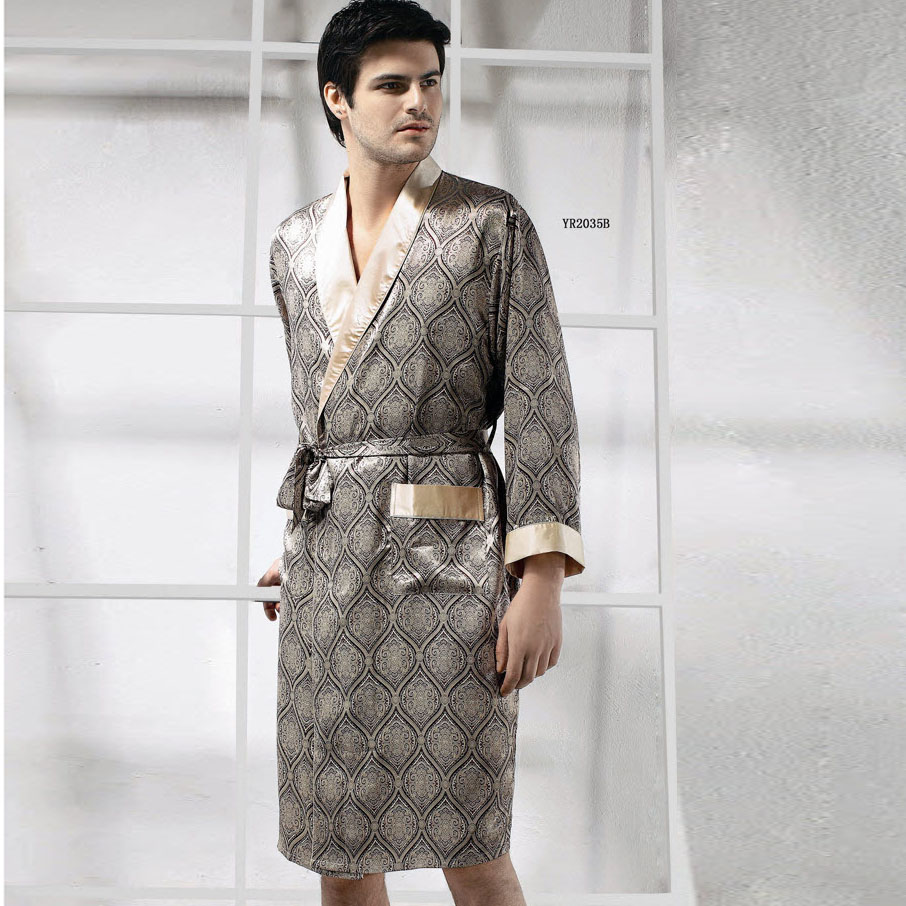 Silk sleepwear male honourable bordered print long-sleeve pure silk robe 2035b