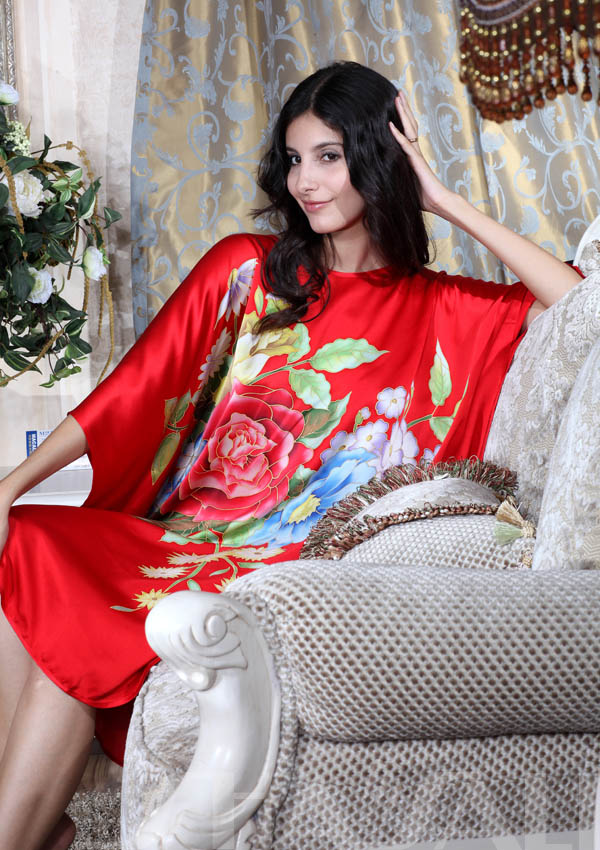 Silk sleepwear robe fashion silk loose plus size clothing colored drawing batwing shirt